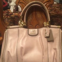 Beautiful Pink Coach Handbag Never Carried. 15"W X 10"H X 5"D Beautiful Leather. Tan Color Trim. Shoulder Strap. Purchased But It Was Too Large For Me. New Without Tags. Elegant Bag For Errands With Handle Drop, Designer Satchel For Errands, Designer Soft Leather Satchel Tote, Designer Soft Leather Handheld Bag, Designer Handheld Soft Leather Bag, Luxury Coach Leather Bag, Elegant Satchel Shoulder Bag For Errands, Luxury Leather Coach Bag, Designer Soft Leather Bags For Errands