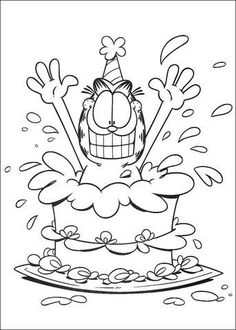 a cartoon character celebrating his birthday with a cake on the table coloring page for kids