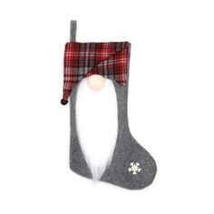 a christmas stocking with a red and black plaid bow on it's head