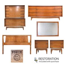 six pieces of furniture including a dresser, mirror and chest of drawers with the words restoration included with purchaseables