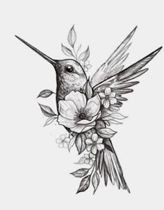 a drawing of a hummingbird with flowers and leaves