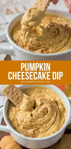 pumpkin cheesecake dip in a white bowl with a cracker sticking out of it