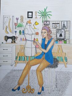 a drawing of a woman sitting in front of a mannequin and sewing machine