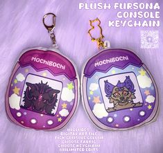 two keychains with pictures of cats on them, one is purple and the other is pink