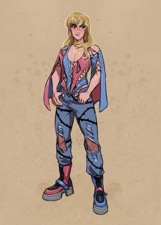 a drawing of a woman standing with her hands in her pockets and wearing blue jeans