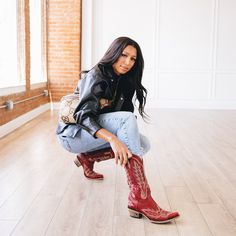 She's the perfect red cowgirl boot. Heirloom quality with a core western influence. The classic snip toe profile is embroidered to perfection with a twist on traditional flame stitch. Smoldering Ruby Red finish makes this a perfect fit for everyday to girl's night out. Heel Height: 1.75" Shaft Height: 13" Calf Circumference: 14" Ankle Circumference: 12" Toe Shape: Snip Signature Turquoise Soles Red Boot Outfit, Red Cowgirl Boots Outfit, Red Boots Outfit, Red Cowboy Boots Outfit, Boho Chic Boots, Red Cowgirl Boots, Turquoise Clothes, Turquoise Boots, Cowgirl Boots Outfit