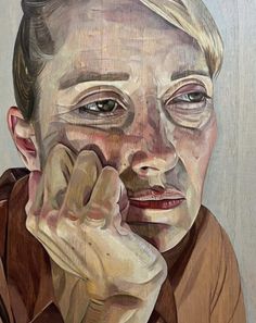 a painting of a woman holding her hand up to her face and looking at the camera