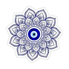 the evil eye sticker is shown in blue and white, with an intricate flower design