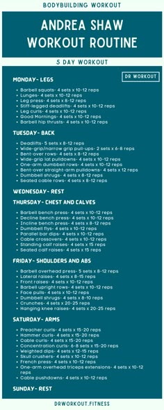 Andrea Shaw’s Workout Routine Ppl Workout Routine For Women, 5 Day Split Workout Routine Women, 6 Day Workout Split Women, Ppl Workout Routine, 6 Day Workout Plan, Weightlifting Plan