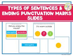 the three types of sentences and ending punctulation marks slides are shown in this poster