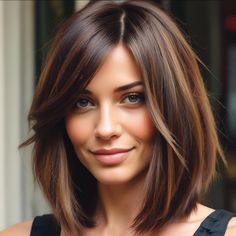 Chocolate Brown Bob With Highlights, Short Hair Color For Fall, Dark Brown Bob With Highlights Straight, Woman’s Hair Color, Long Bob Haircut With Layers Brunette, Hair Highlights For Dark Skin Tone, Choppy Brunette Bob, Medium Bob With Face Framing Layers, Dark Brown With Warm Highlights