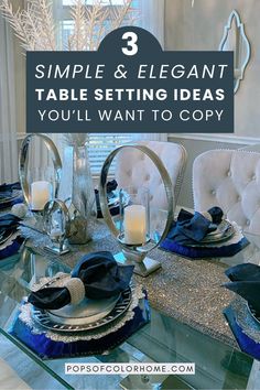 a dining room table with blue and silver decor