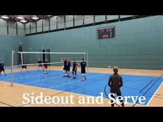 a group of people playing volleyball on a court with the words sideout and serve