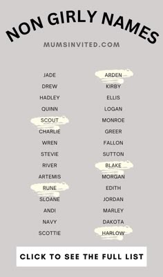 Are you looking for girl names that aren't girly? Here's a list of 75 non-girly girl names with meanings and origin. These names are strong, tough and perfect for the not-so frilly girl. boyish girl names. cute non girly girl names. non feminine girl names. Strong baby girl names. masculine girl names baby. masculine names for a girl. masculine names for a girl. unisex names list. Cool Alias Names, Feminine Nonbinary Names, Feminine Last Names, Cute Unisex Names, Androgynous Names, Feminine Girl Names, Unisex Names List, Boyish Girl Names, Girly Girl Names