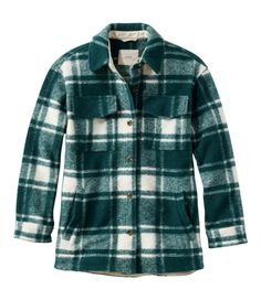 Incredibly cozy with a super inviting texture, this oversized shirt jacket is perfect for layering and makes a great jacket replacement. Falls at thigh. Relaxed Fit: Our most generous fit sits farthest from the body. In a softly textured blend of 95% polyester and 5% wool. Machine wash, dry flat or dry clean. Longer length offers great coverage. Buttoned cuffs. Curved high-low hem. Slash pockets. Button-front placket. Imported. Fit: Relaxed Fit | Women's Brushed Plaid Shacket, Wool Synthetic Green Plaid Jacket, Plaid Shacket, Green Flannel, Womens Flannel Shirt, Flannel Women, Plaid Jacket, Womens Fleece, Woven Top, Shirt Sale