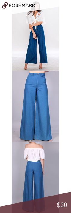 Denim Palazzo Pants Light denim high waist and wide leg palazzo pants. With front and faux back pockets.  SMALL 31. 75 inseam, 25” waist, MEDIUM 32” inseam, 26.50 waist LARGE  32.50” inseam, 28” waist Flying Tomatoe Jeans Flare & Wide Leg Blue Cotton Wide-leg Jeans, Chic Full Length Denim Flare Jeans, Chic Medium Wash Full-length Jeans, Chic Medium Wash Full Length Jeans, Light Wash Wide-leg Cropped Denim Jeans, Light Wash Wide-leg Cropped Jeans, Denim Wide Leg Pants With Five Pockets, Dark Wash Wide-leg Cropped Jeans, Medium Wash Wide-leg Denim Flare Jeans