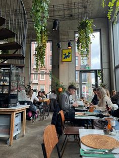 people sitting at tables in a restaurant with plants hanging from the ceiling and windows above them