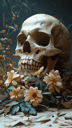 there is a skull and flowers on the ground