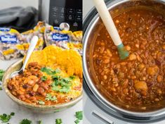 a pot full of beans and tortilla chips next to an instant pressure cooker