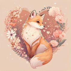 a fox sitting in front of a heart surrounded by flowers