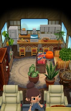 an animated image of a living room with couches, tables and plants in it