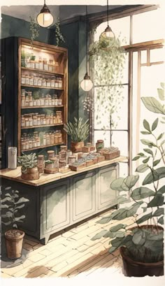 une image stylisée d'un magasin d'herboristerie Witchy House, Magical Room, Zero Waste Store, Shelf Cover, Room Arrangement, Healthy Restaurant, Herbal Teas Recipes, Business Vision