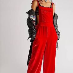 Size Xs Originally $168 Nwt Never Worn Wide Leg Elastic Waist Red Jumpsuit For Work In Fall, Red Jumpsuit For Workwear In Fall, Red Jumpsuits And Rompers For Work In Fall, Red Overall Jumpsuit For Fall, Hot Rompers, Velvet Overalls, Red Overalls, Free People Leggings, Free People Jumpsuit