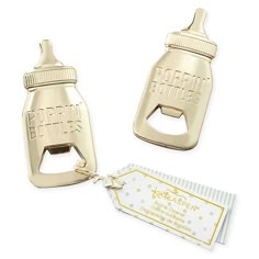 two bottle openers are shown next to a tag that says poppin botties