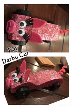 two pictures of the same pink car with googly eyes on it and one is made out of glitter