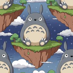 the cartoon totoro is floating in the sky with other animals around it,