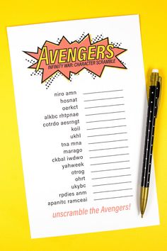 a printable avengers word search game with a pen on it and an orange background