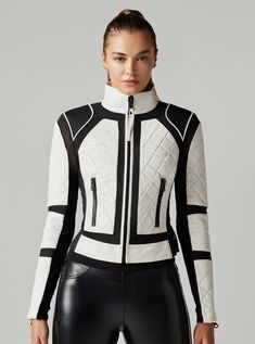 Moto Jacket Black and White Colorblock Jacket Black And White, Moto Biker Jacket, Black And White Jacket, Lambskin Leather Jacket, Slim Fit Jackets, Biker Leather, White Jacket, Black & White, Leather Jackets Women