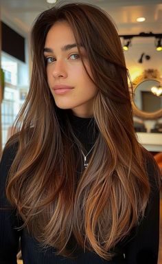 Hair Color Ideas For Morena, Haircuts For Long Hair Straight, Color Castaño, Brown Hair Inspo, Hair Inspiration Long, Straight Hair Cuts, Brunette Balayage Hair, Long Layered Hair, Haircuts For Long Hair