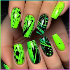 Lime And Black Nails, Green And Orange Halloween Nails, Black And Neon Green Nail Designs, Pink And Green Halloween Nails, Neon Short Nails Designs, Frankenstein Nail Designs, Neon Green And Black Nail Designs, Green Halloween Nails Acrylic, Neon Black Nails