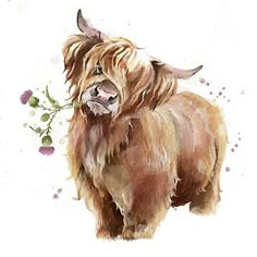 a watercolor painting of a shaggy haired dog with flowers in it's mouth