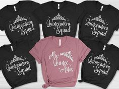 Join the celebration with our 'Mis Quince' shirt--a must-have for the Quinceañera squad! Perfect for friends and family, this stylish tee is a symbol of unity and joy, ideal for commemorating this special Latina 15th birthday milestone. Whether you're part of the court or cheering from the sidelines, wear it proudly and make unforgettable memories together. PRODUCT DETAILS This classic unisex jersey short sleeve tee fits like a well-loved favorite. Soft cotton and quality print make users fall i Quince Court Outfits, Court Outfits, Quince Shirts, Quince Court, Court Outfit, Quince Decor, Pink Quince, Birthday Milestone, 15th Birthday