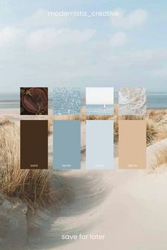 Natural modern brown and blue color palette inspiration for your next branding project designed by Modernista creative studio. Interior Design Graphic Presentation, Light Blue Brown Aesthetic, Neutral Beach Color Palette, Sea Foam Color Palette, Coastal Graphic Design, Blue Brown Color Palette, Brown And Blue Color Palette, Yoga Profile, Ocean Color Palette