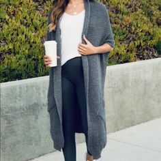 Super Soft Chunky Knit Shayla Cardigan Duster 100% Acrylic Color: Dark Gray Soft Knit Acrylic Cardigan For Layering, Layering Soft Knit Acrylic Cardigan, Acrylic Soft Knit Cardigan For Layering, Acrylic Cardigan For Layering, Cozy Textured Knit Cardigan, Cozy Textured Knit Acrylic Cardigan, Casual One Size Sweater Vest For Fall, Soft Knit Acrylic Cardigan For Cold Weather, Soft Knit Acrylic Sweater Coat For Layering