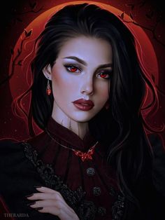 a painting of a woman with dark hair and red eyes in front of a full moon