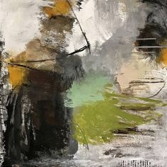 an abstract painting with various colors and shapes on the surface, including black, white, green, yellow and grey