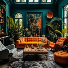 a living room filled with furniture and lots of plants