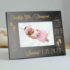 Welcome the newborn baby with this personalized birth announcement picture frame! Personalize with the baby’s birth information including the name, birth date, birth time, weight, and length to make a unique gift for new parents. This baby birth stats picture frame includes a built-in folding stand so you can easily display it on a stand, dresser or bookshelf. Plus, it has a white inlay allowing you to easily display either a 4x6 or 5x7 photo.A one-of-a-kind gift for a newborn baby! Also, this unique baby picture frame makes a great gift for new parents or grandparents! Features: High-quality veneer-wrapped MDF frame Folding stand White inlay that allows for clean presentation of both 4x6 and 5x7 photos Personalization is laser engraved Ships in 1-2 business days Size: 10.5” L x 8.5” W x 1 Birth Announcement Pictures, Baby Picture Frame, Baby Picture Frames, Baby Birth Stats, Baby Frame, Birth Stats, Mdf Frame, Wood Ideas, Frame Stand