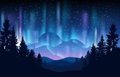 the aurora bore in the night sky over mountains and trees with stars above it,