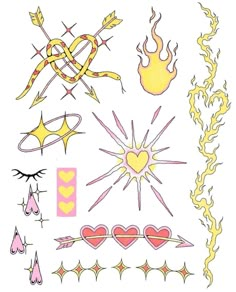 a drawing of different types of tattoos on a white background with yellow and pink colors