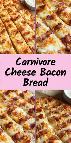 several pictures of cheese bacon bread with the words canmore cheese bacon bread on it