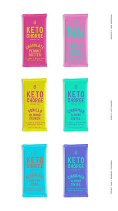 six bags of keto orange, blue, pink and yellow on a white background