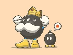 a cartoon character with a crown on his head next to a bomb and an egg