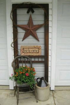 a screen shot of the front door of a house with an iron star on it