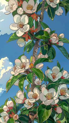 a painting of white flowers on a tree with blue sky in the backround