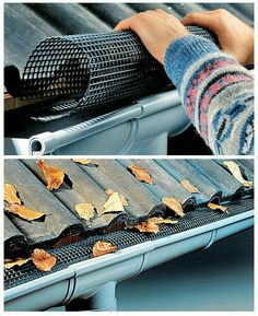 a person is removing leaves from the gutter on top of a metal gutter